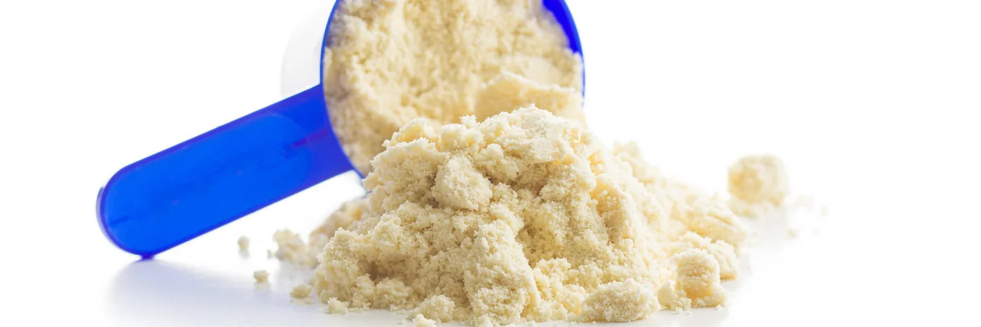 A blue measuring scoop tipped over on a white surface with pale whey protein powder spilling out
