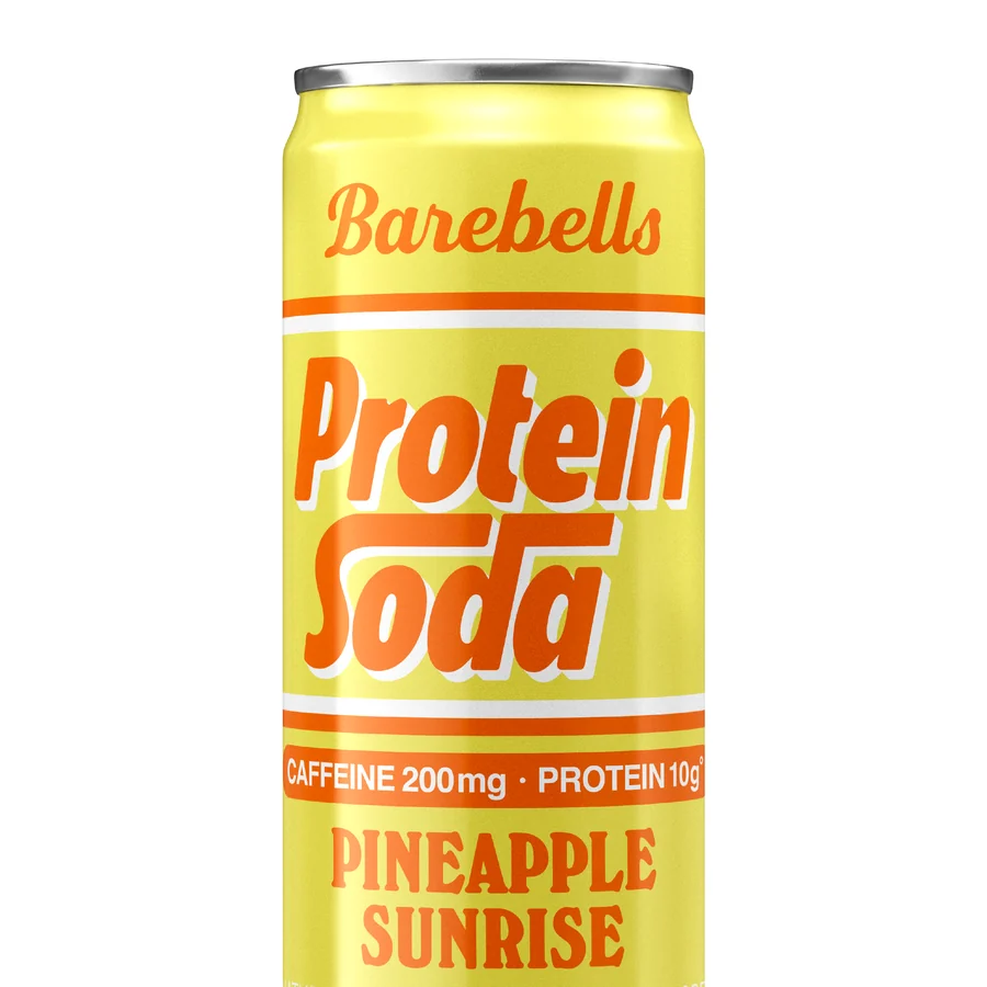 Barebells Protein Soda Pineapple Sunrise, a yellow 12oz can on white reading CAFFEINE 200mg PROTEIN 10g