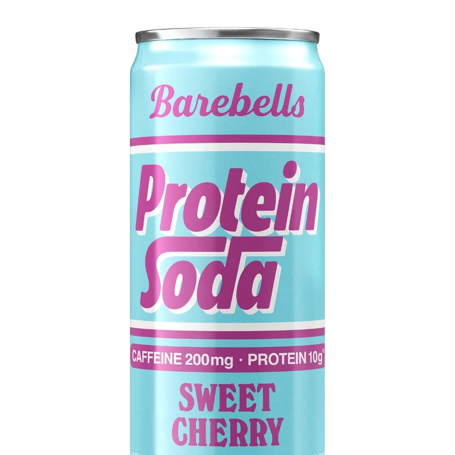 Barebells Protein Soda Sweet Cherry, a pale blue 12oz can on white reading CAFFEINE 200mg PROTEIN 10g