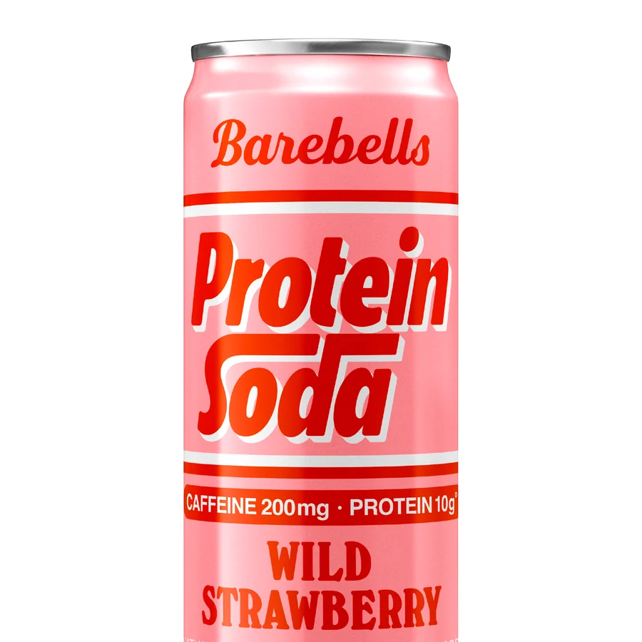 Barebells Protein Soda Wild Strawberry, a pink 12oz can reading CAFFEINE 200mg PROTEIN 10g