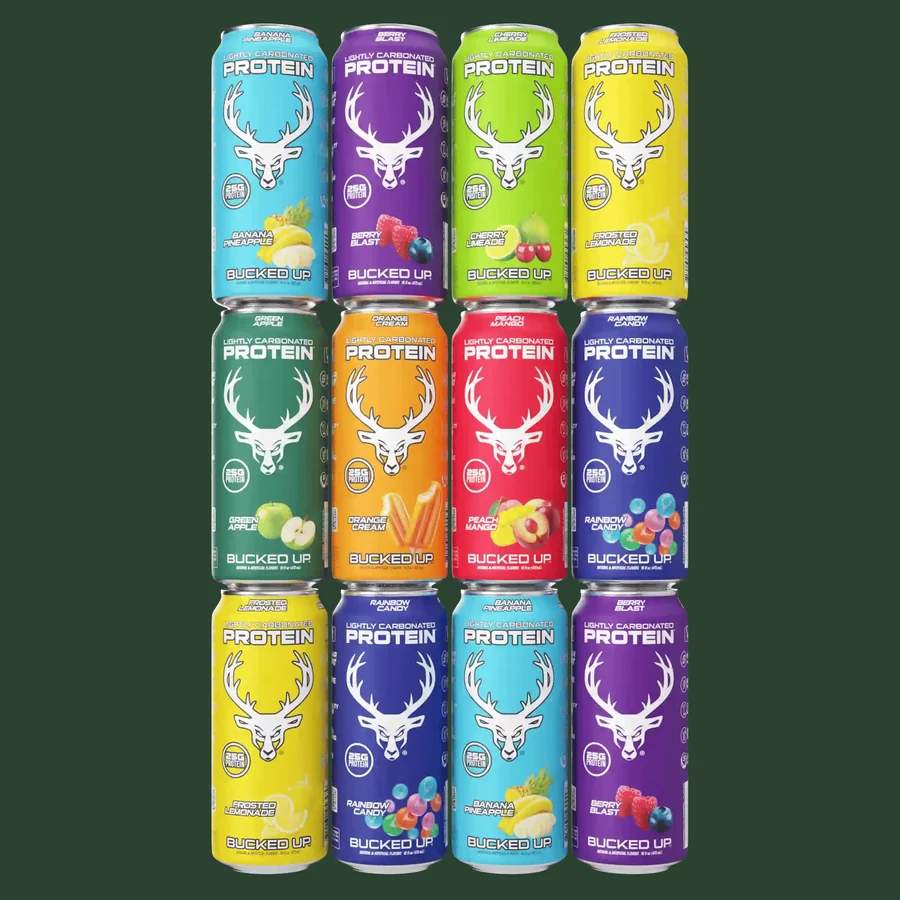 Bucked Up Protein Soda variety pack, twelve 16oz cans in eight flavors stacked in three rows
