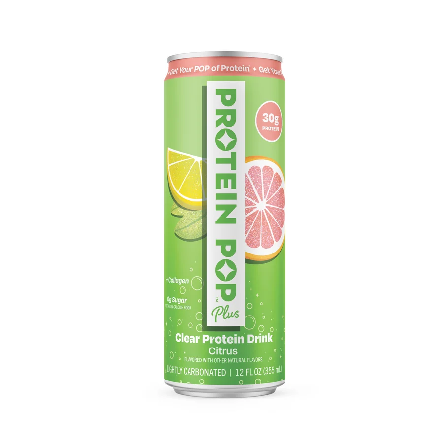 Protein Pop Plus Citrus, a slim green 12oz can with a 30g protein badge