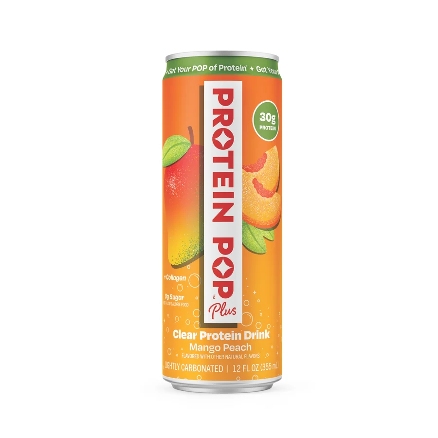 Protein Pop Plus Mango Peach, a slim orange 12oz can on white with a 30g protein badge