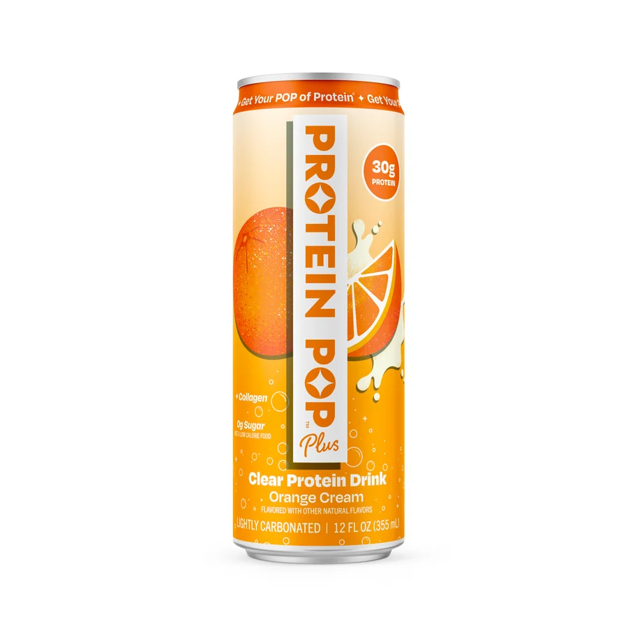 Protein Pop Plus Orange Cream, a slim cream and orange 12oz can on white with a 30g protein badge