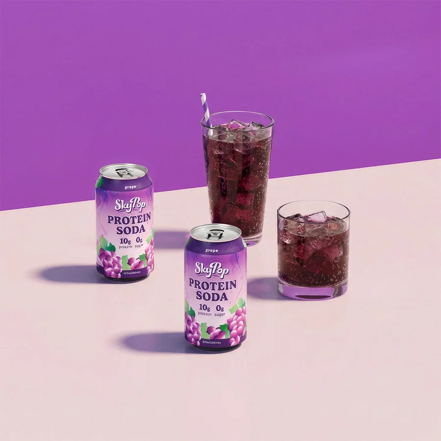 SkyPop Grape protein soda cans beside glasses of grape soda over ice