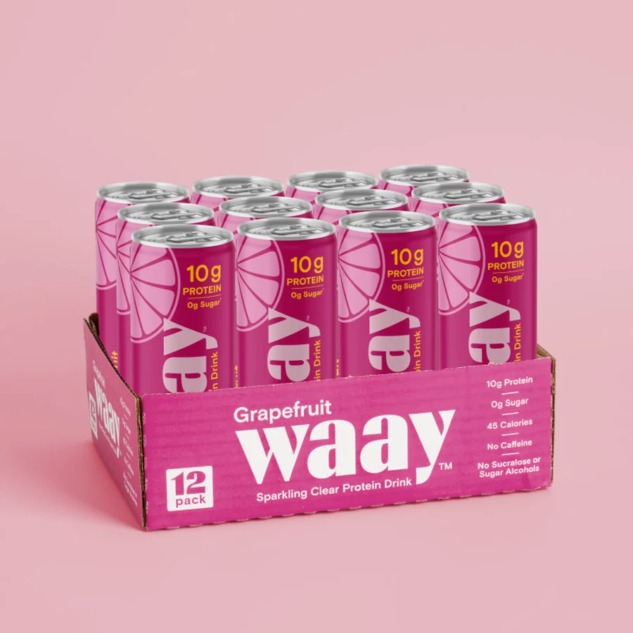 A Waay Grapefruit twelve-can tray of slim pink cans on a pink background