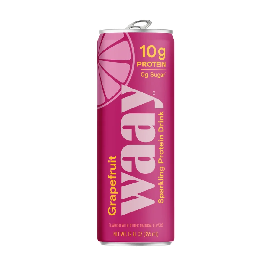 Waay Sparkling Protein Grapefruit, a slim pink 12oz can reading 10g protein and 0g sugar