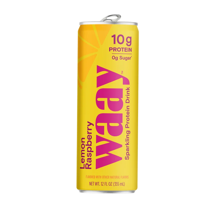 Waay Sparkling Protein Lemon Raspberry, a slim yellow 12oz can on white