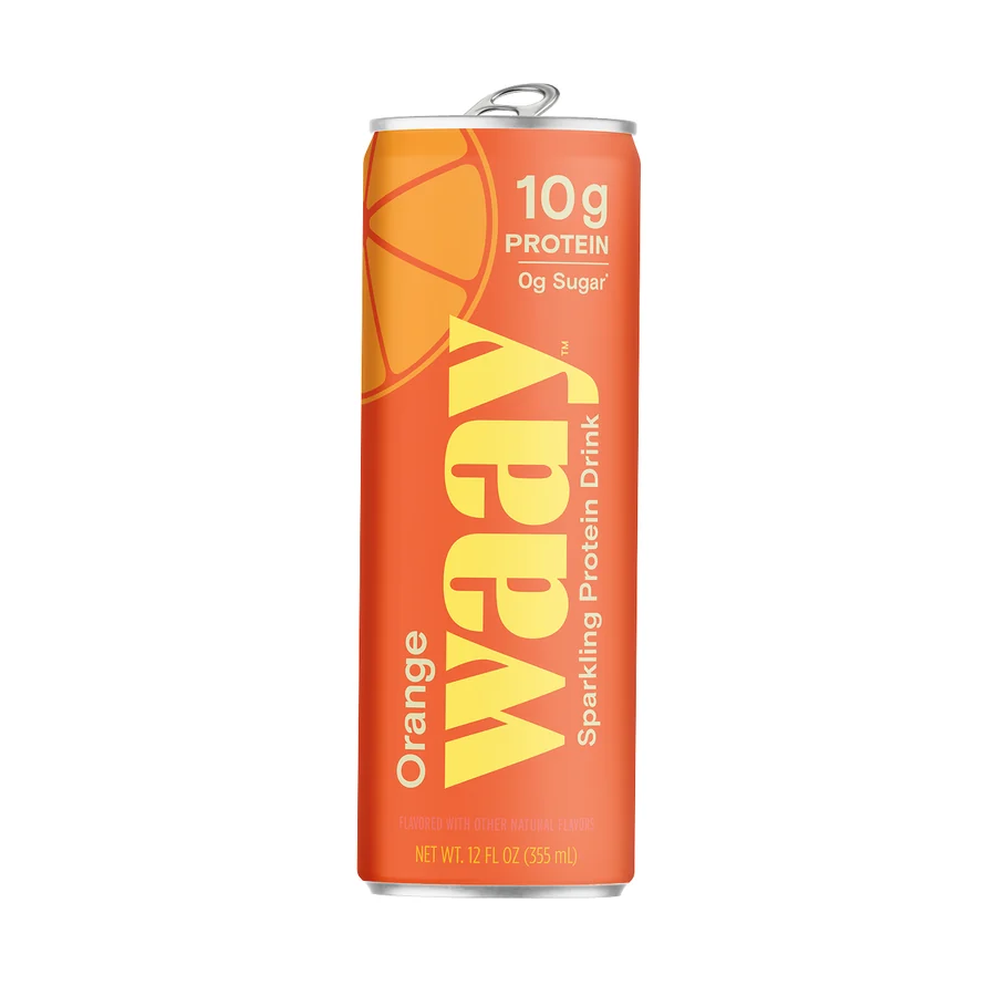 Waay Sparkling Protein Orange, a slim orange 12oz can on white